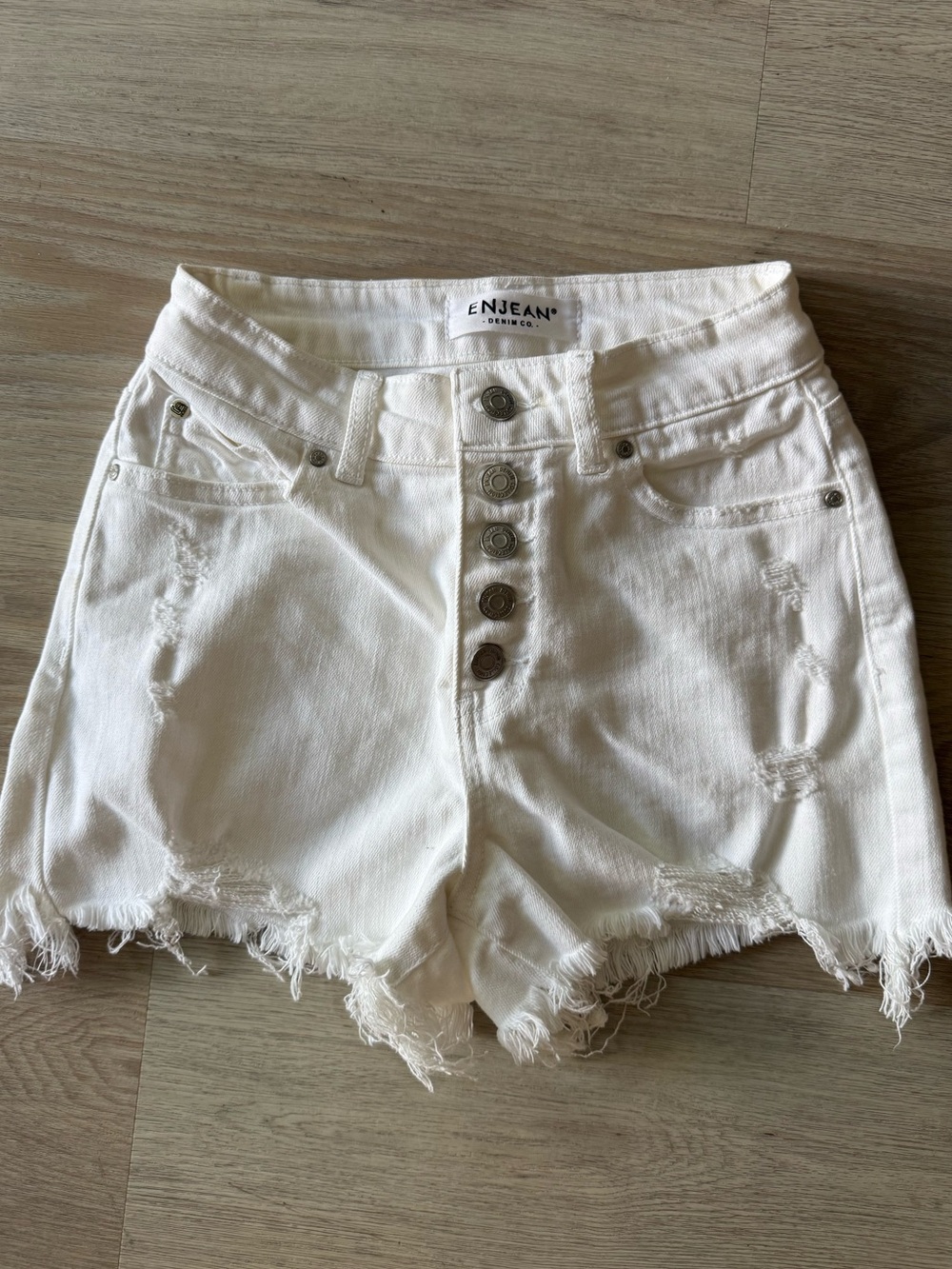 White High-Waist Distressed Denim Shorts